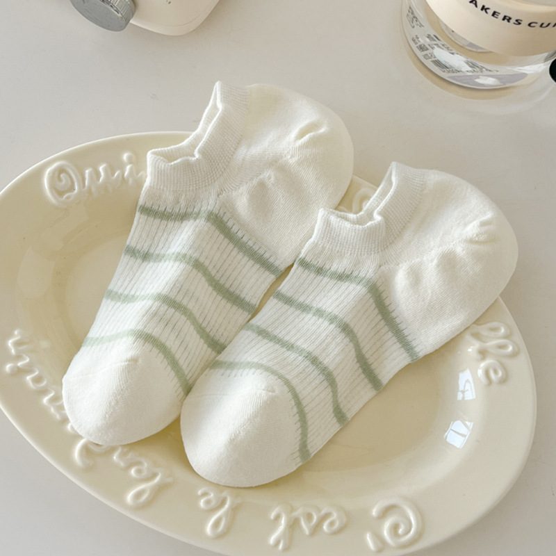Vớ Lười Cổ Thấp Nữ Kẻ Sọc Ngang Mảnh Pastel - Tất Cotton Mỏng Thoáng Mát Phong Cách Hàn Quốc