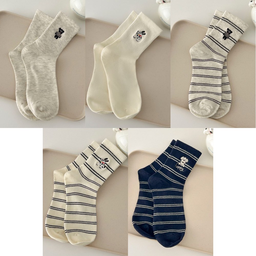 Vớ Cổ Trung Nữ Thêu Gấu Chó Đốm Dễ Thương - Tất Cotton Trơn Kẻ Sọc Ngang Phong Cách Hàn Quốc