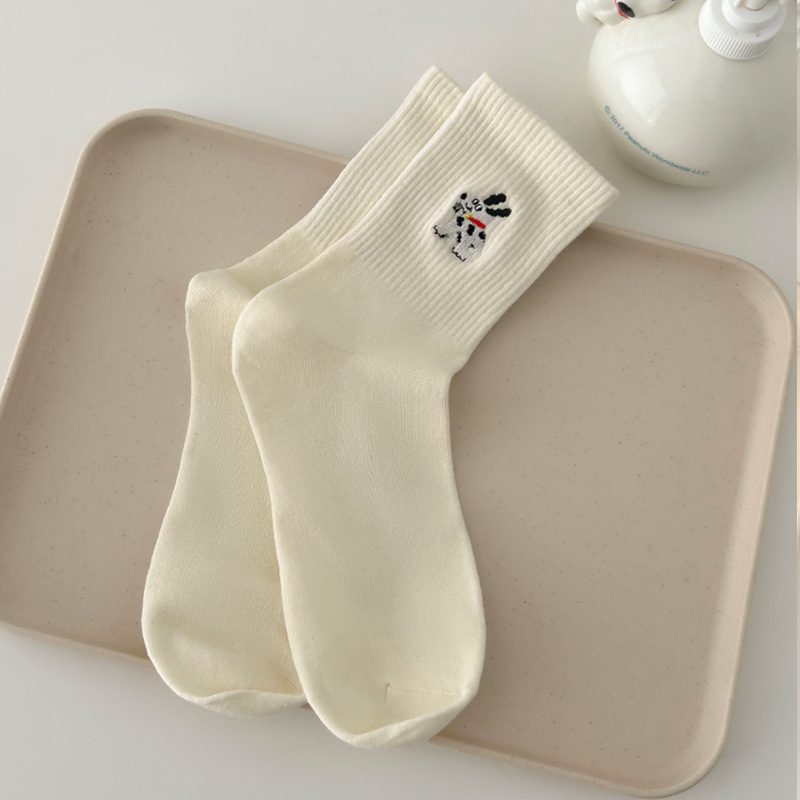 Vớ Cổ Trung Nữ Thêu Gấu Chó Đốm Dễ Thương - Tất Cotton Trơn Kẻ Sọc Ngang Phong Cách Hàn Quốc