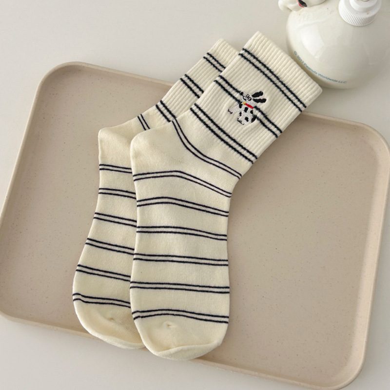 Vớ Cổ Trung Nữ Thêu Gấu Chó Đốm Dễ Thương - Tất Cotton Trơn Kẻ Sọc Ngang Phong Cách Hàn Quốc
