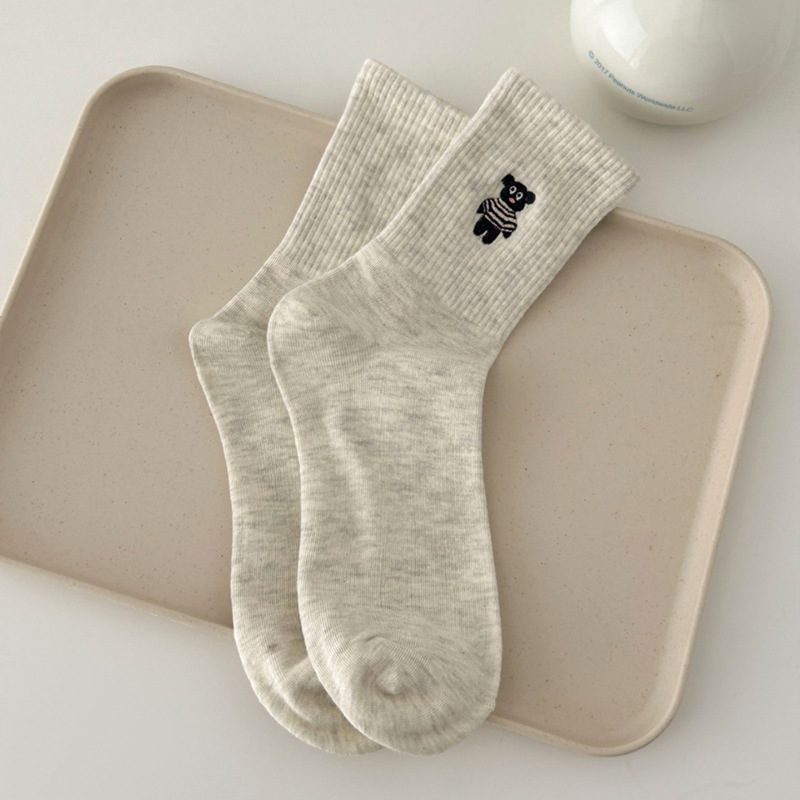 Vớ Cổ Trung Nữ Thêu Gấu Chó Đốm Dễ Thương - Tất Cotton Trơn Kẻ Sọc Ngang Phong Cách Hàn Quốc