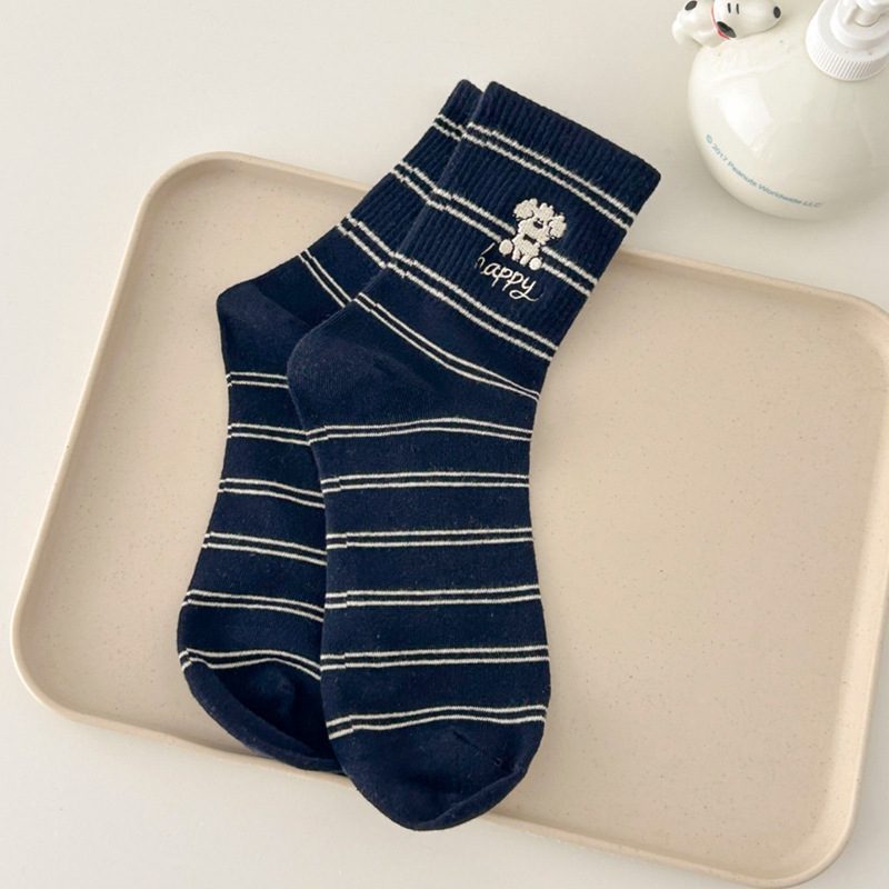 Vớ Cổ Trung Nữ Thêu Gấu Chó Đốm Dễ Thương - Tất Cotton Trơn Kẻ Sọc Ngang Phong Cách Hàn Quốc