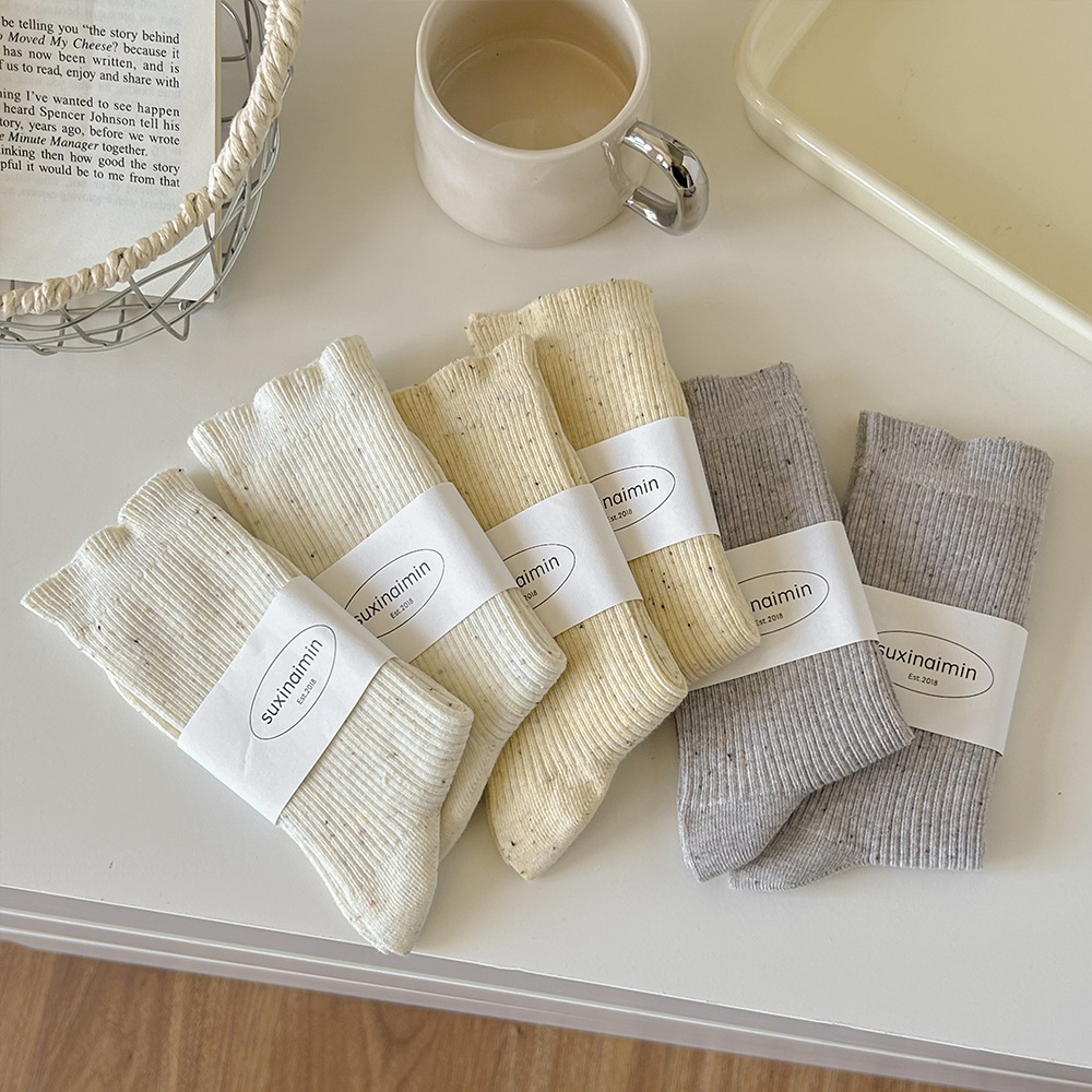 Vớ Cổ Trung Nữ Êm Basic Dệt Gân Nhún Màu Kem - Tất Cotton Phối Đồ Phong Cách Hàn Quốc