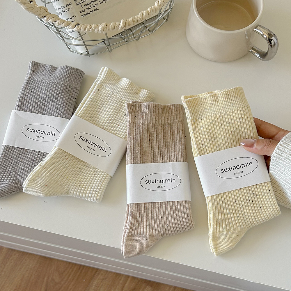 Vớ Cổ Trung Nữ Êm Basic Dệt Gân Nhún Màu Kem - Tất Cotton Phối Đồ Phong Cách Hàn Quốc