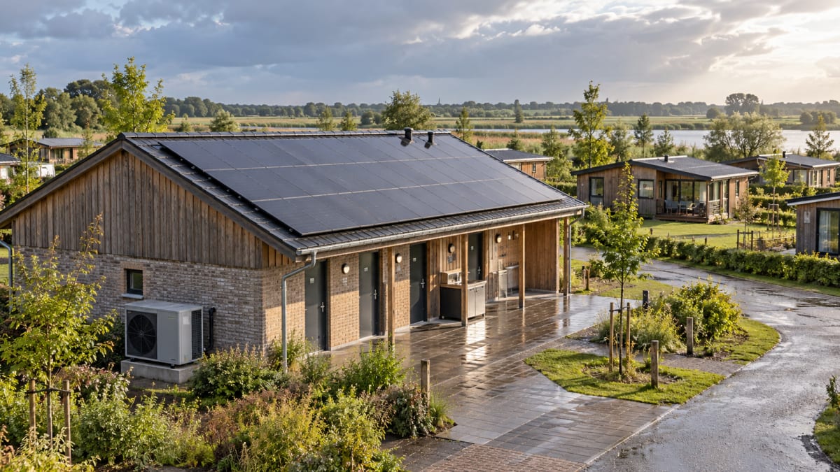 Zonnepanelen op het dak van een sanitairgebouw met een warmtepomp en vakantiewoningen op een groen recreatiepark.