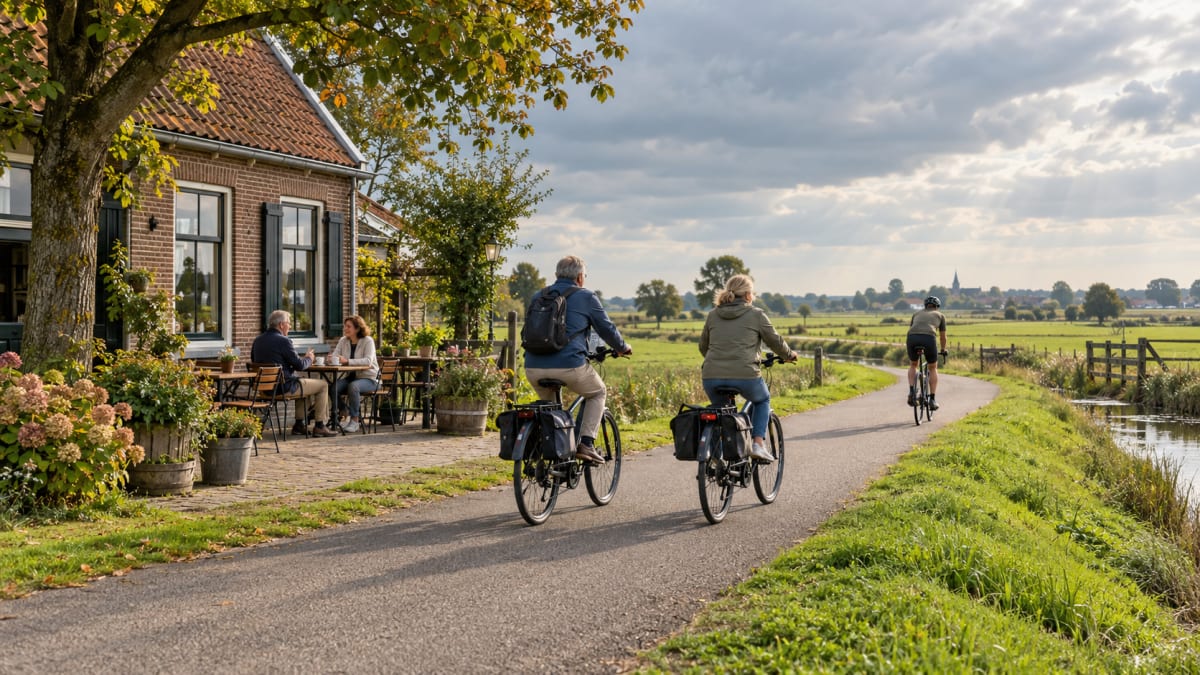 Twee fietsers met fietstassen op een fietspad langs een kanaal in het Nederlandse landschap, met een terras bij een bakstenen boerderij