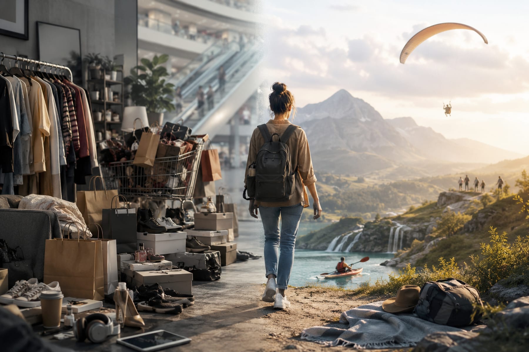 Person with a backpack walks from a crowded thrift-market on the left toward a sunlit mountain landscape with paragliders on the right.