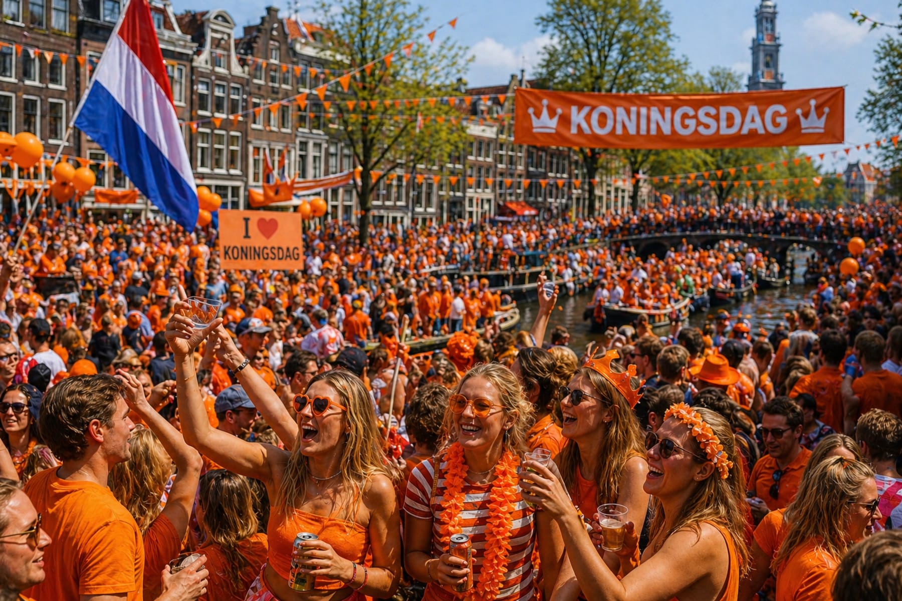 Crowd celebrating Koningsdag in Amsterdam with orange clothing, flags, and boats on a canal.