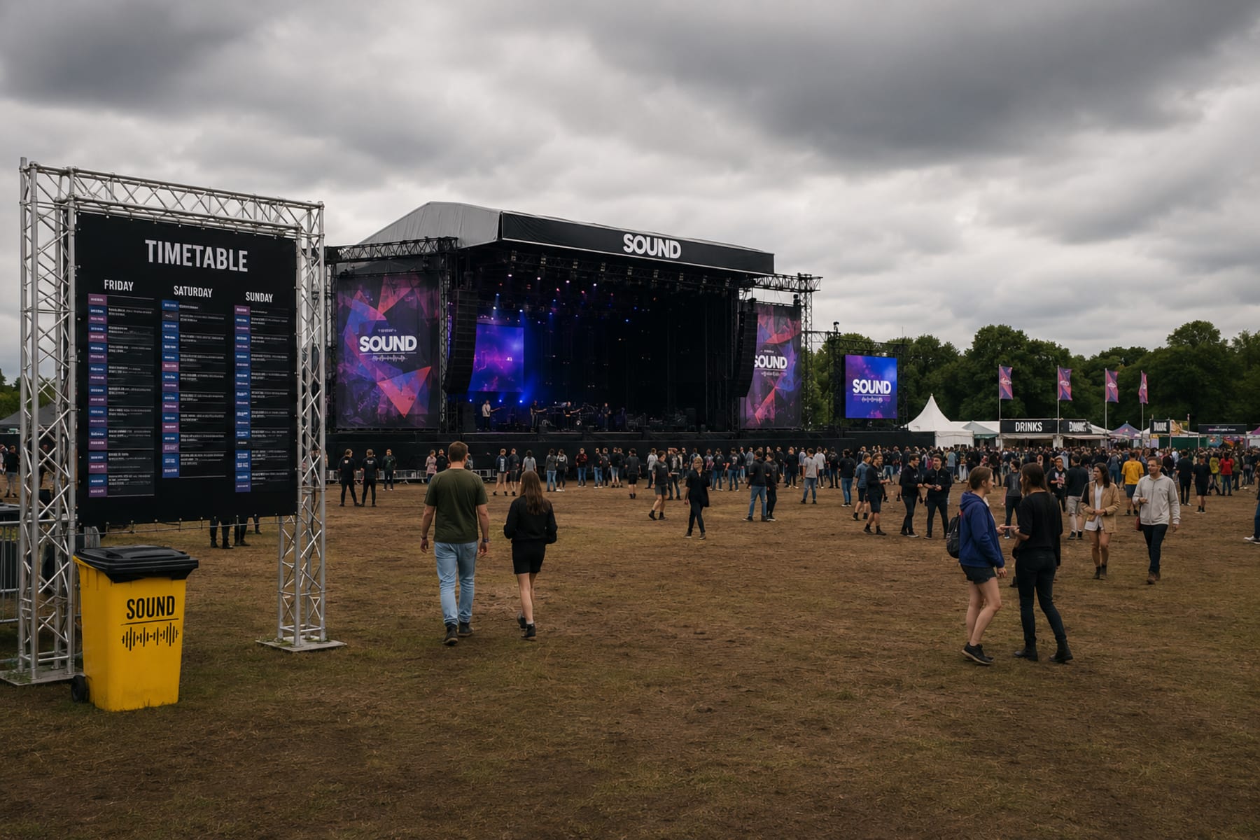 Outdoor festival stage labeled SOUND with a crowd on brown grass under gray clouds; timetable board on the left and a yellow trash bin nearby.