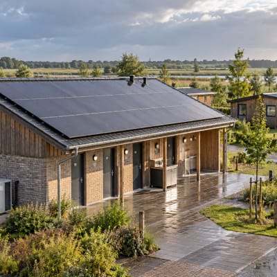 Zonnepanelen op het dak van een sanitairgebouw met een warmtepomp en vakantiewoningen op een groen recreatiepark.