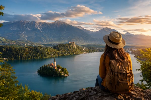 A woman with a straw hat and brown backpack sits on a rocky ledge, gazing over a blue lake with a small island church and distant mountains at sunset.