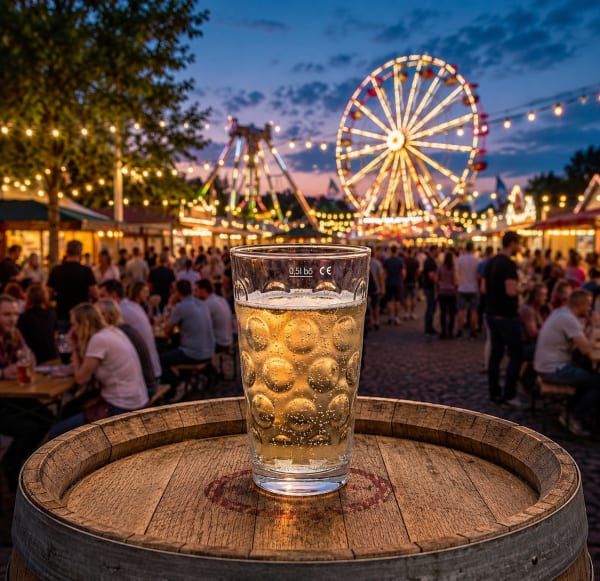 A glass of beer on a wooden barrel at a busy fairground with a glowing Ferris wheel in the background at dusk.