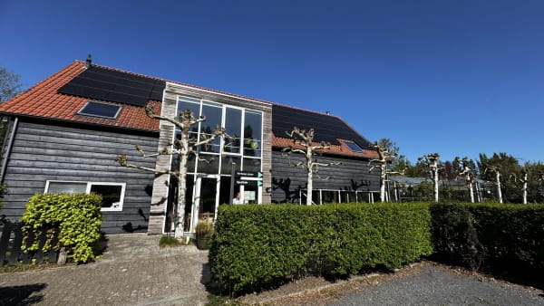 Two-story house with dark wooden siding and a red-tiled roof outfitted with solar panels, under a clear blue sky, with pruned trees and hedges in front.