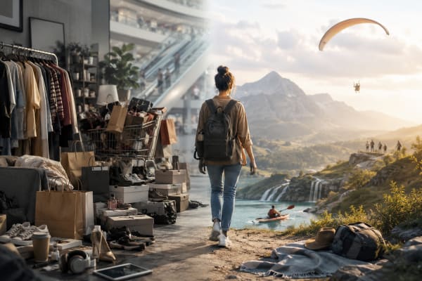 Person with a backpack walks from a crowded thrift-market on the left toward a sunlit mountain landscape with paragliders on the right.