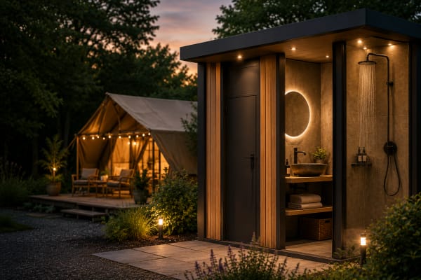 Outdoor bathroom pod at dusk: warm wooden panels, circular backlit mirror, stone sink, towels on a shelf, and an open rainfall shower.