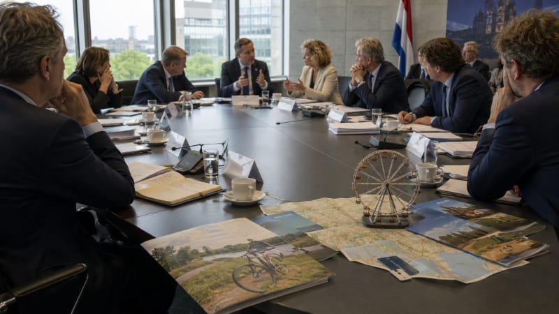executives in a formal boardroom round a large conference table, with papers, notebooks, and cups on the desk, and a small Ferris wheel model in the foreground