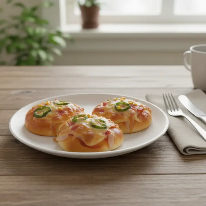 갓 구워져 치즈가 노릇하게 녹아있는 먹음직스러운 수제 피자빵