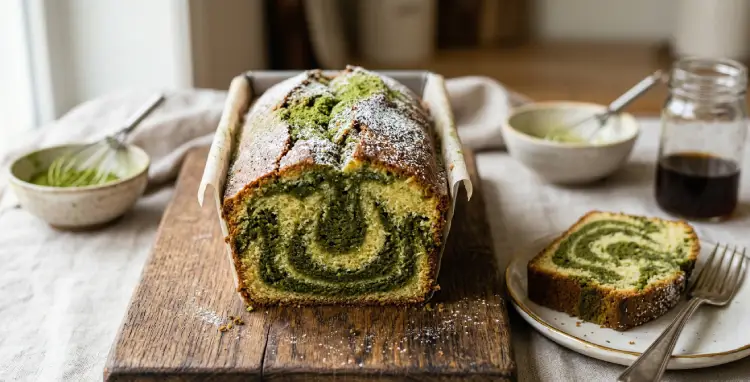 Matcha pound cake with moist texture and vibrant green color baking recipe