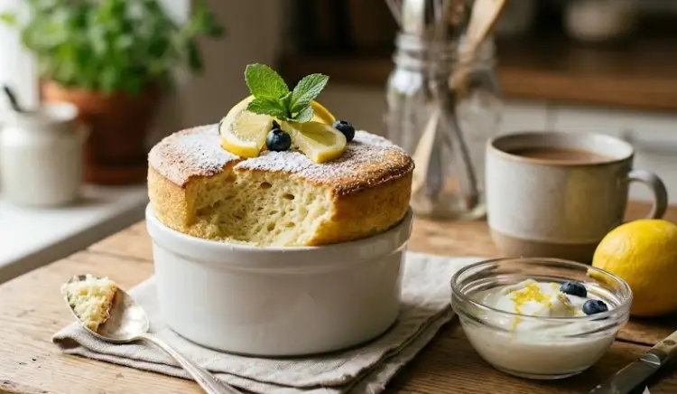 오븐에서 갓 구워낸 폭신한 요거트 수플레 완성 모습