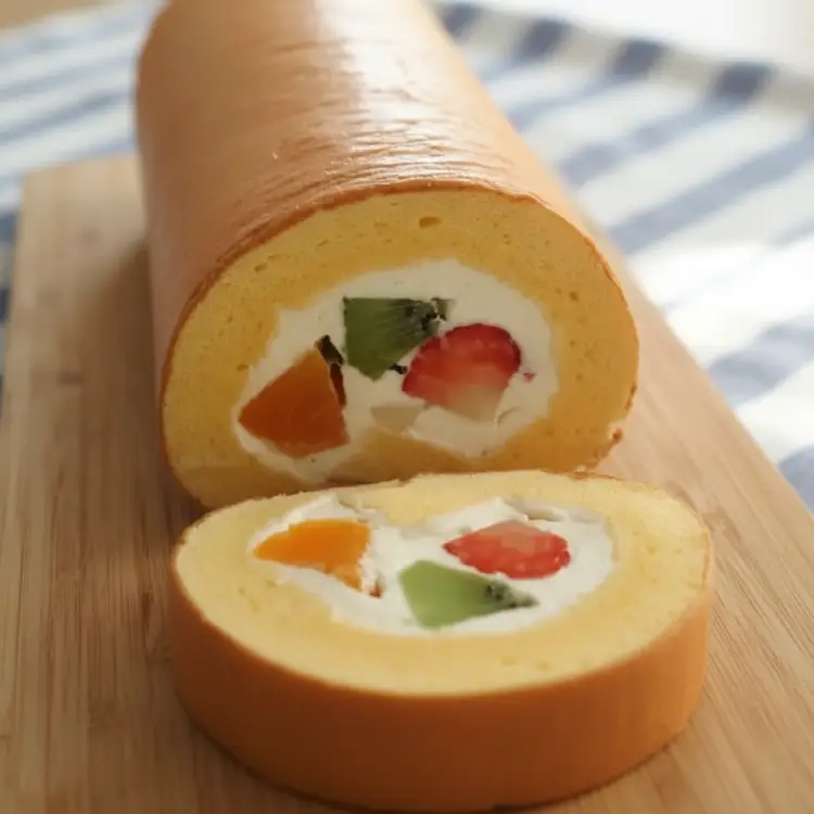 촉촉한 시트에 생크림과 과일을 넣은 과일 롤케이크 완성 모습