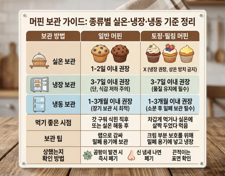 실온과 냉장, 냉동 보관 기준을 정리한 머핀 보관 가이드 이미지
