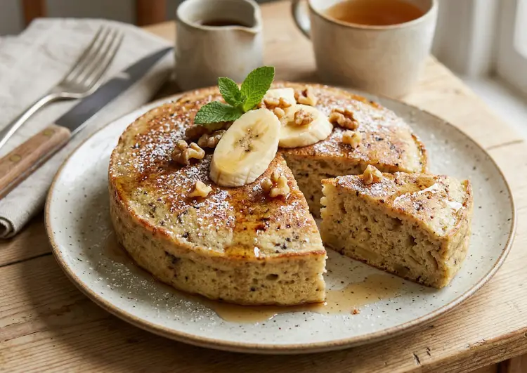 도톰하고 촉촉하게 구운 바나나 팬케이크형 케이크 완성 모습