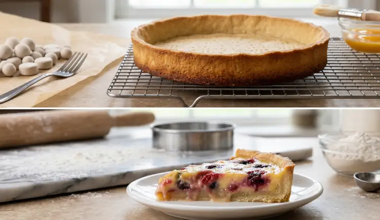 블라인드 베이킹한 타르트지와 눅눅해진 바닥 차이를 설명하는 홈베이킹 가이드 이미지