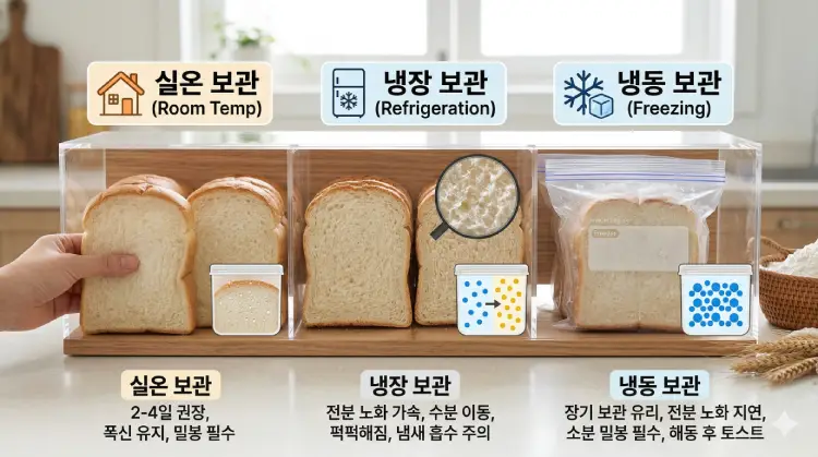 식빵 냉장보관과 실온보관, 냉동보관 차이를 설명하는 보관 가이드 이미지