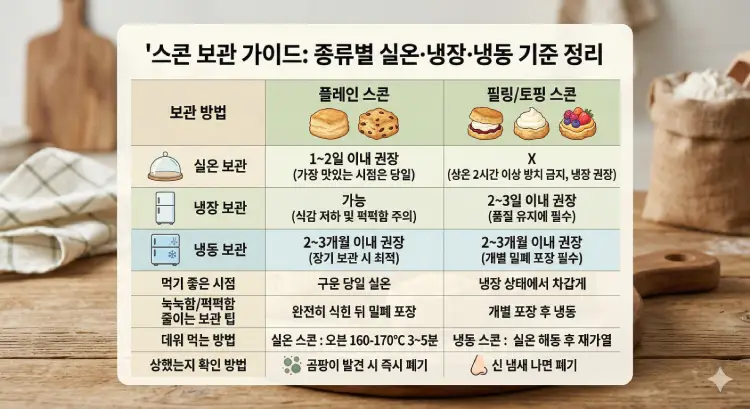 실온과 냉장, 냉동 보관 기준을 정리한 스콘 보관 가이드 이미지