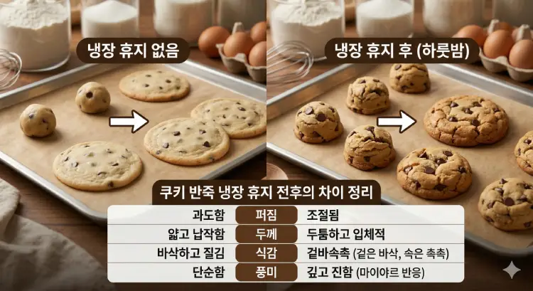 쿠키 반죽 냉장 휴지 전후의 퍼짐과 두께 차이를 보여주는 홈베이킹 가이드 이미지