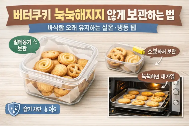 버터쿠키를 눅눅하지 않게 보관하는 방법과 바삭함 유지 팁을 정리한 이미지
