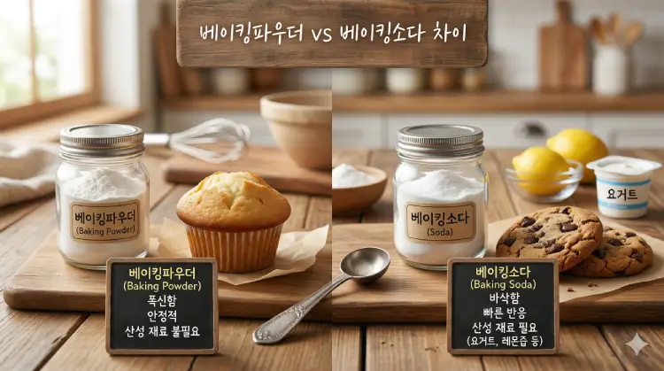 베이킹파우더와 베이킹소다를 나란히 놓고 차이를 비교한 홈베이킹 재료 사진