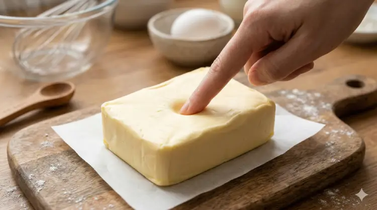 홈베이킹 도마 위에서 손가락으로 살짝 눌러 실온 버터 상태를 확인하는 모습