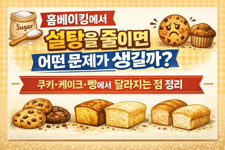 홈베이킹에서 설탕을 줄였을 때 쿠키와 케이크 식감과 색 변화가 나타난 비교 이미지