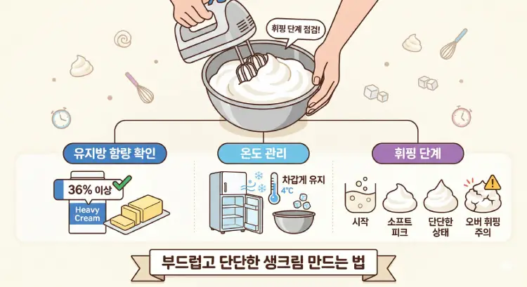 유지방 함량과 온도 관리가 중요한 생크림 휘핑 가이드 이미지