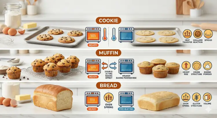 오븐 예열에 따라 쿠키와 머핀, 식빵의 결과가 달라지는 이유를 설명하는 베이킹 가이드 이미지