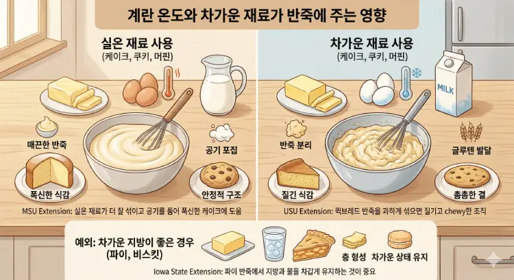 실온 계란과 차가운 재료가 반죽에 주는 영향을 정리한 홈베이킹 가이드 이미지