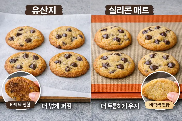유산지와 실리콘 매트 위에 구운 쿠키의 바닥색과 퍼짐 차이를 비교한 이미지