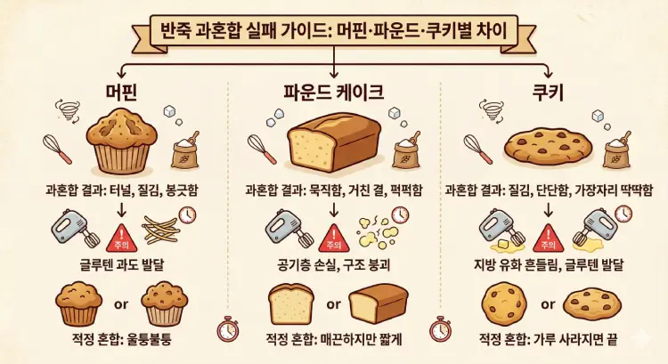 반죽 과혼합이 머핀 파운드케이크 쿠키에 미치는 차이를 보여주는 베이킹 가이드 이미지