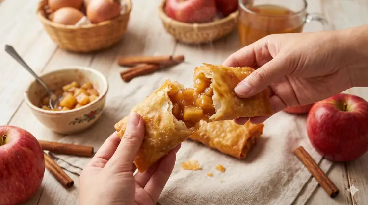 춘권피 애플파이 단면, 바삭한 겉면과 촉촉한 사과 필링