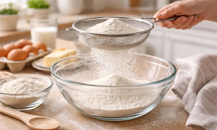 밀가루를 체에 내려 고르게 준비하는 홈베이킹 장면