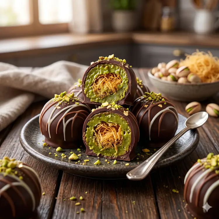 두바이 초콜릿 트러플 &mdash; 바삭한 카다이프 피스타치오 필링 단면