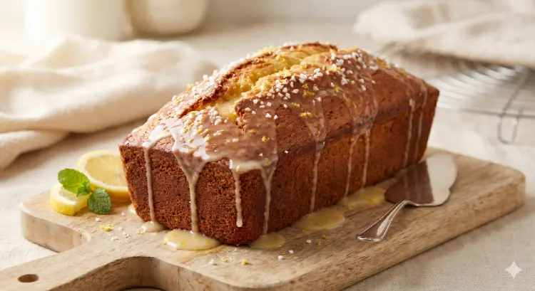 레몬 파운드케이크 &mdash; 윗면 크랙과 레몬 글레이즈가 흐르는 완성 모습