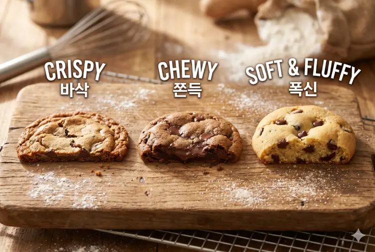 바삭&middot;쫀득&middot;폭신 세 가지 쿠키 식감 비교 &mdash; 두께와 퍼짐 차이
