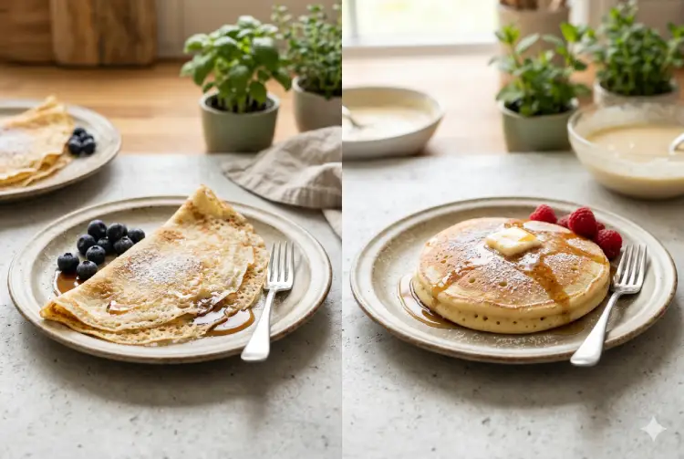 크레이프와 팬케이크 반죽 차이 비교 &mdash; 얇은 크레이프와 두툼한 팬케이크