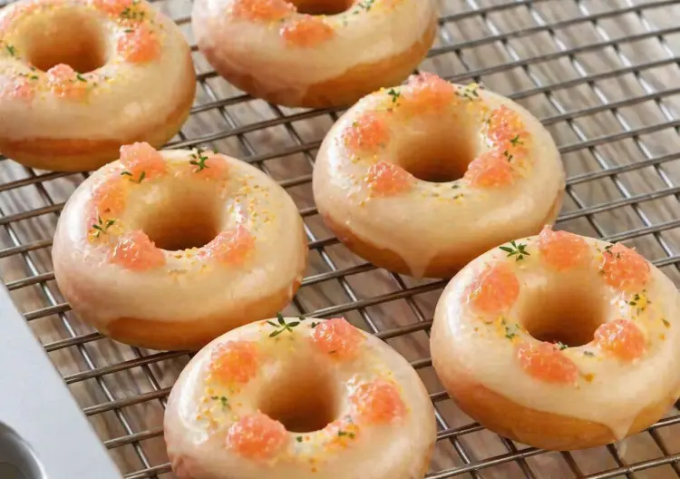 자몽 크림치즈 구운도넛 — 자몽청 건더기가 보이는 크림치즈 글레이즈 도넛 완성 컷