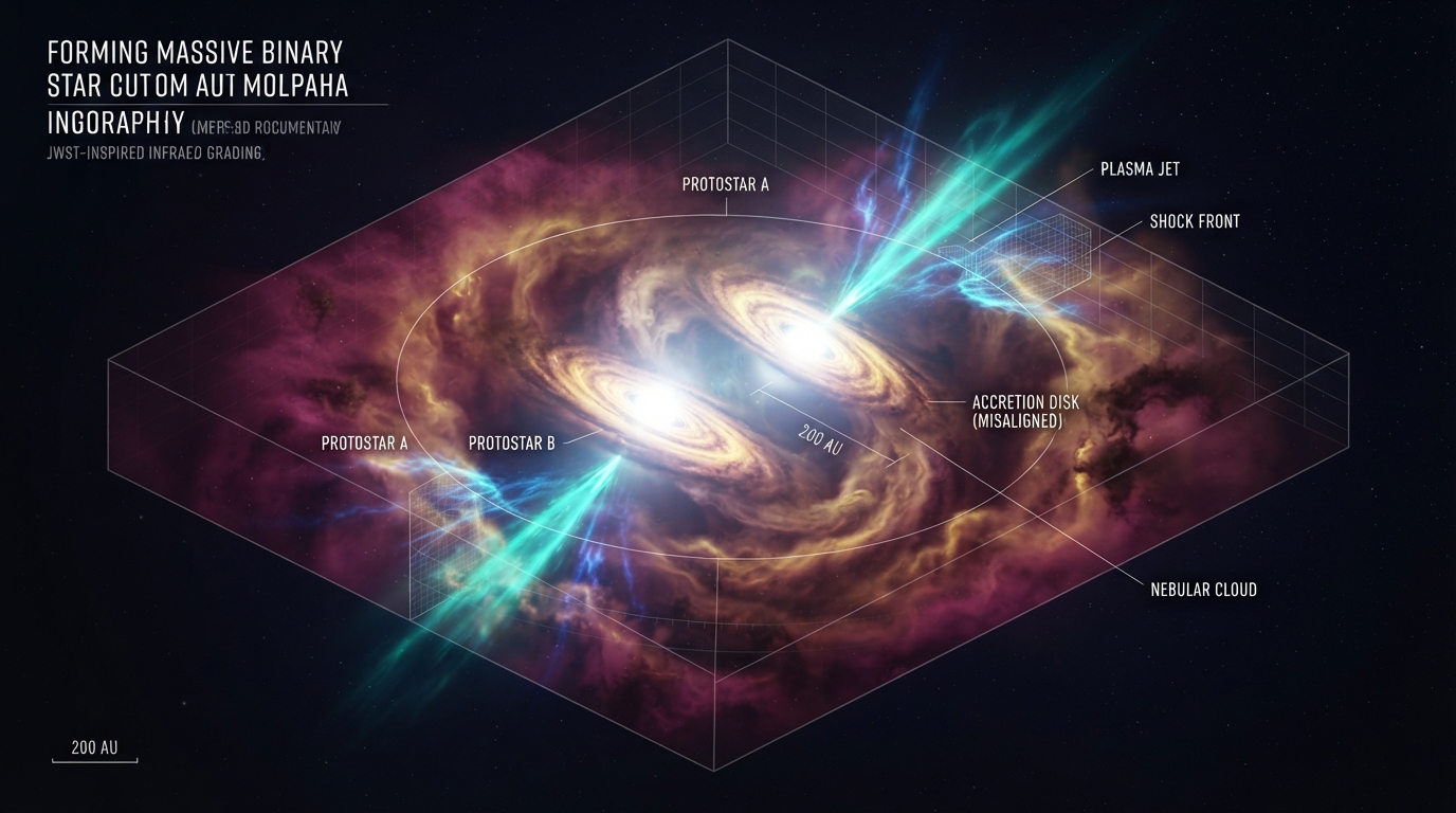 High-speed relativistic plasma jets and misaligned accretion disks radiating intense shockwaves in massive binary star system IRAS 07299−1651