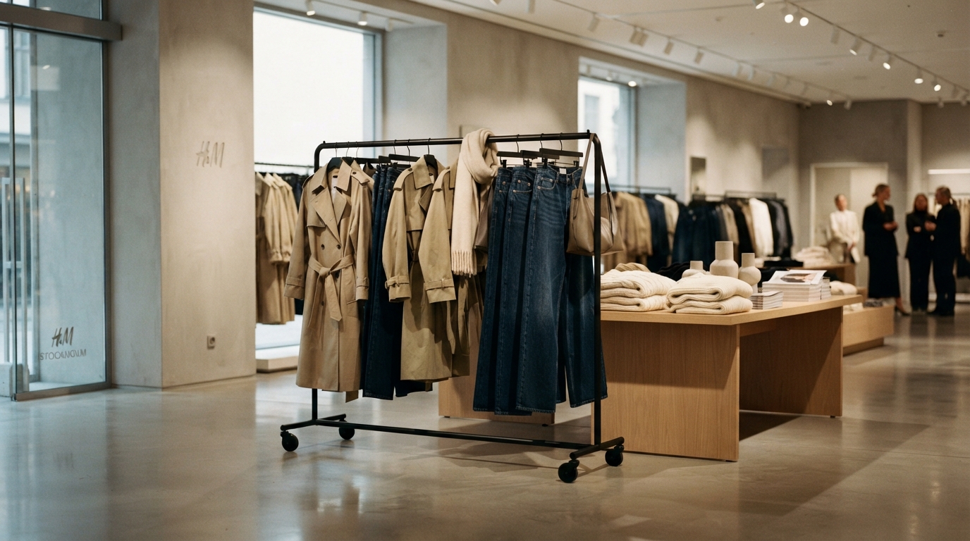 Flat lay capsule wardrobe showing H&M trench coat, relaxed denim, beige knit sweater, and leather loafers