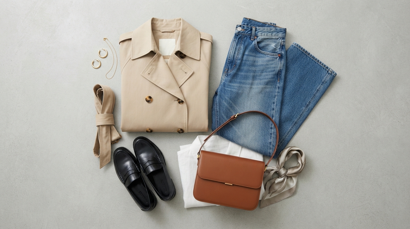 Editorial autumn street style model wearing oversized beige trench coat, wide-leg denim, and leather tote bag