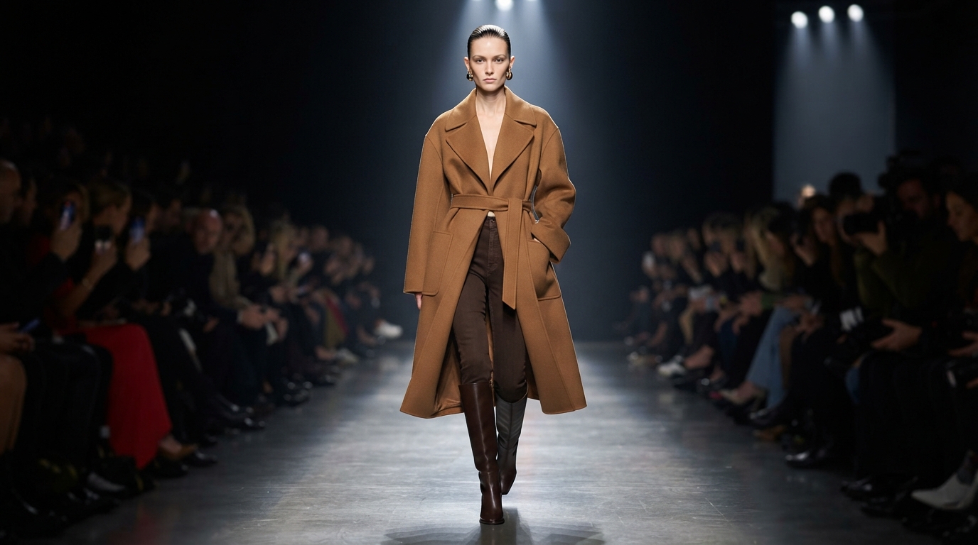 Fall 2026 luxury fashion runway model wearing second-skin dark chocolate-brown skinny jeans tucked into structured leather knee-high boots with an oversized camel wool trench